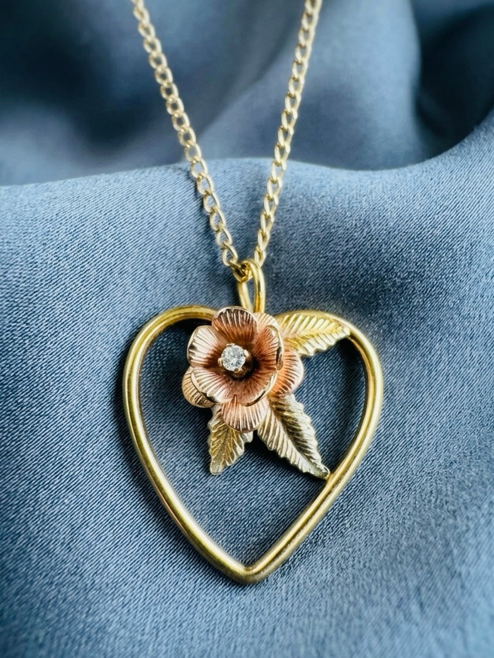 Vintage 14K Gold Filled Heart Rose Necklace GENUINE Diamond Accent 16” L